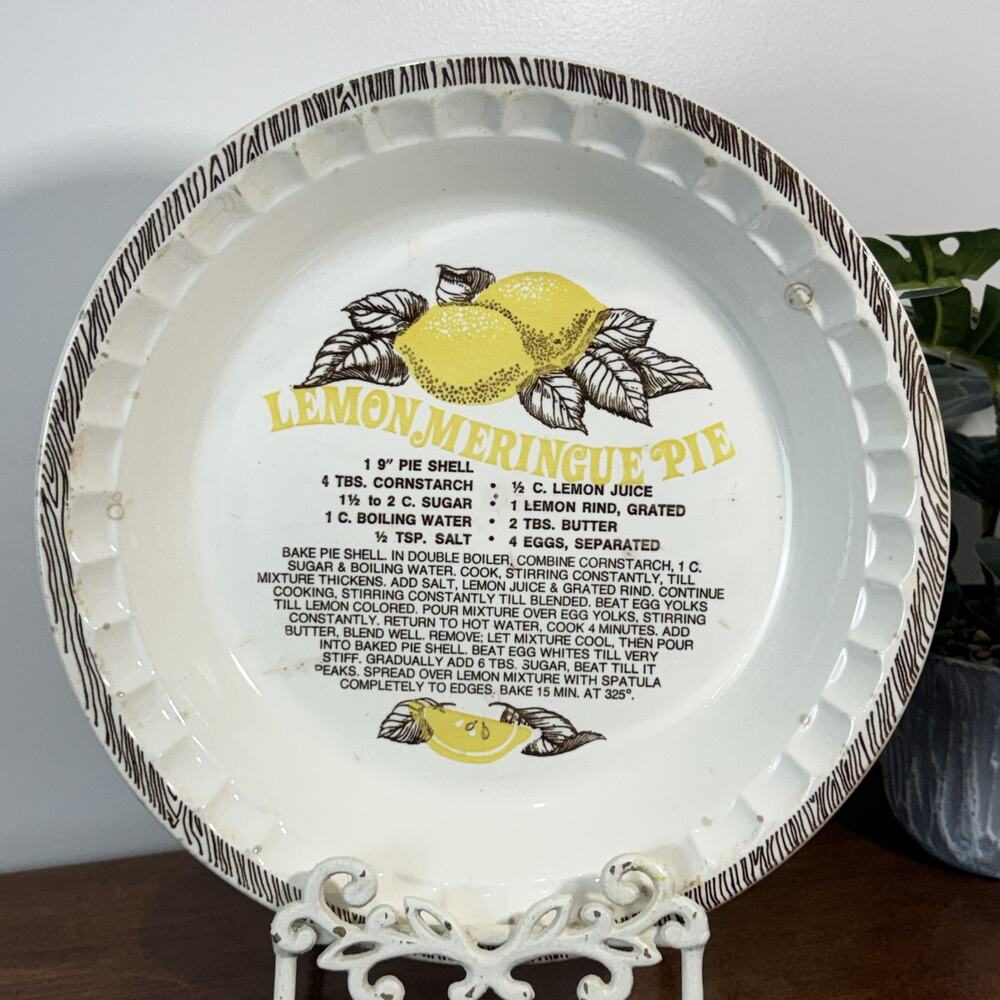 Vintage Lemon Meringue Pie Plate Ceramic Recipe Dish 11" Fluted Edge USA
